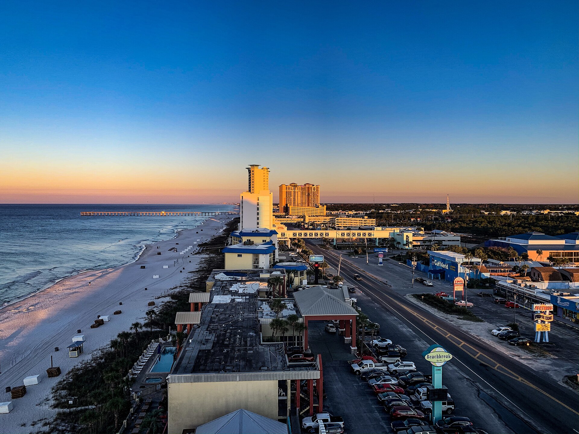 Panama City Beach shoreline and Front Beach Road at sunrise